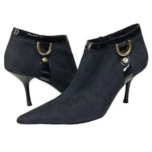 Gucci GG Canvas Monogram Black Ankle Booties D Ring Stiletto Pointed Toe…